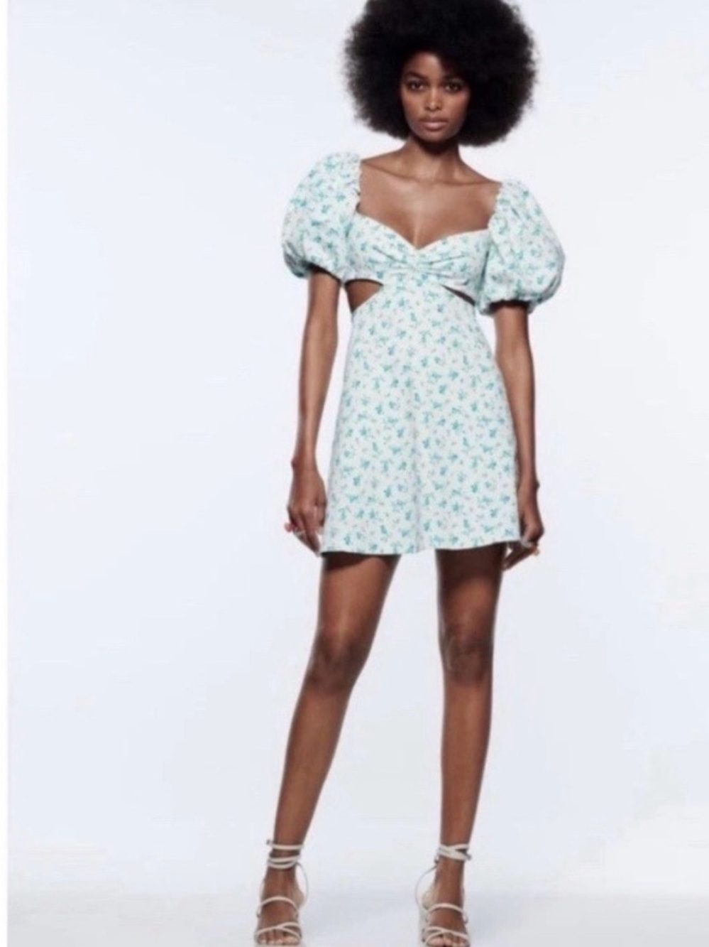 Zara Puff-Sleeve Mini Dress in Light Blue Floral